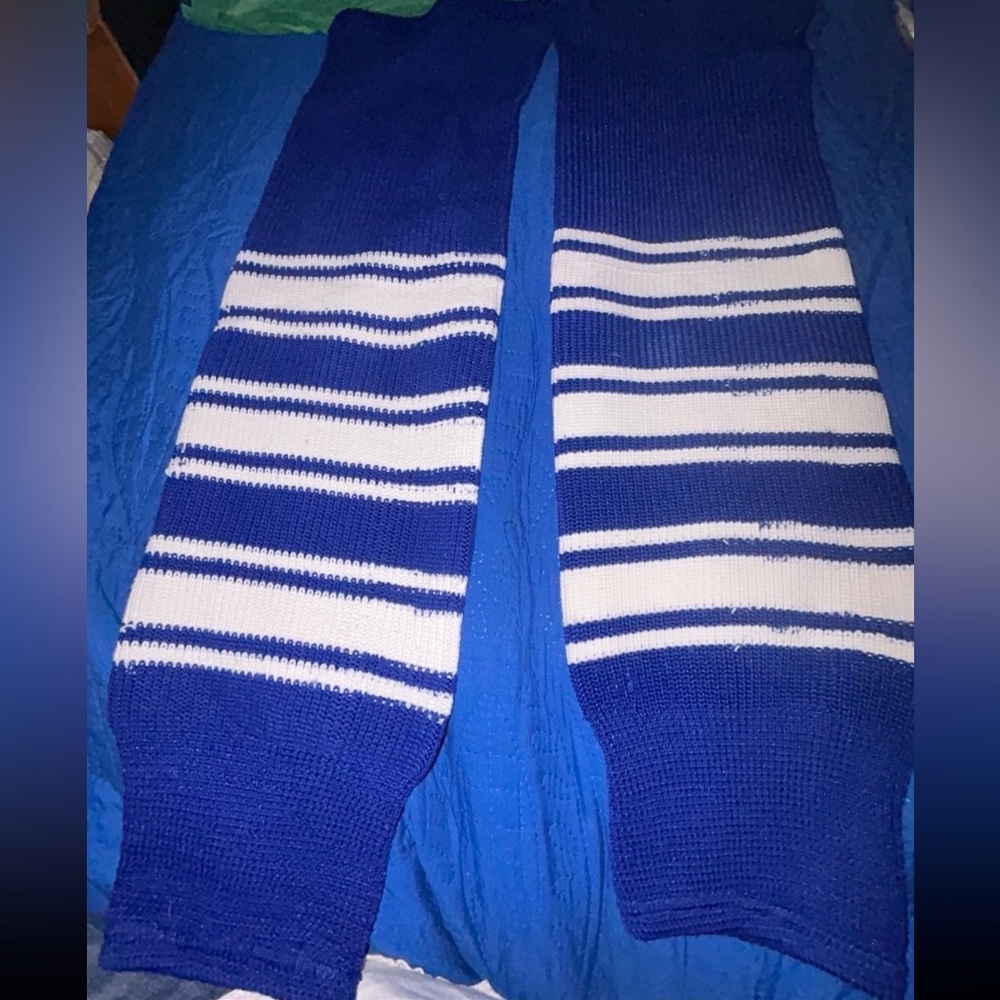 Blue and White Striped Knit Leg Warmers